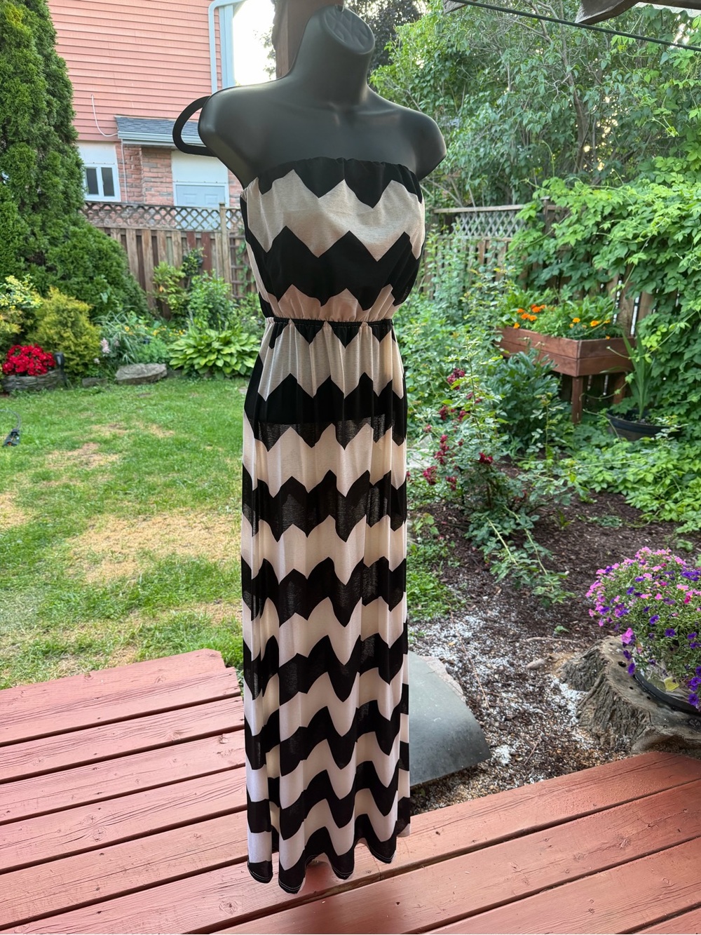 Strapless Black and White Chevron Maxi Dress